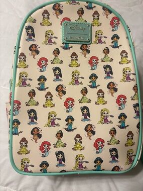 Disney Mini Bag - Cream with Aqua Trim and Multicolor Princess Prints
